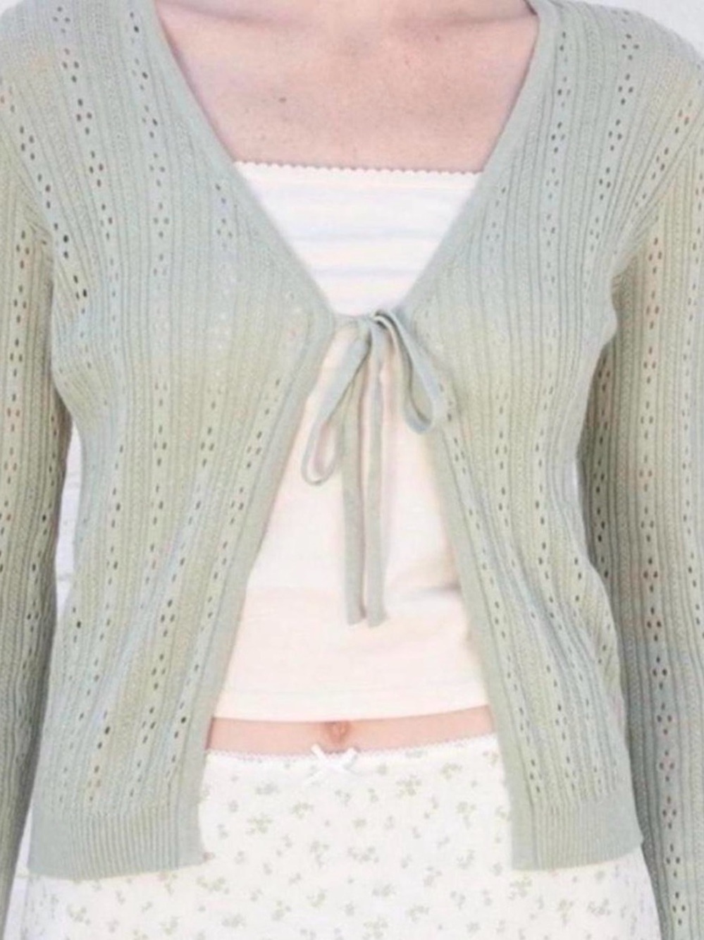 Brandy Melville Light Sage Tie-Front Eyelet Knit Cardigan